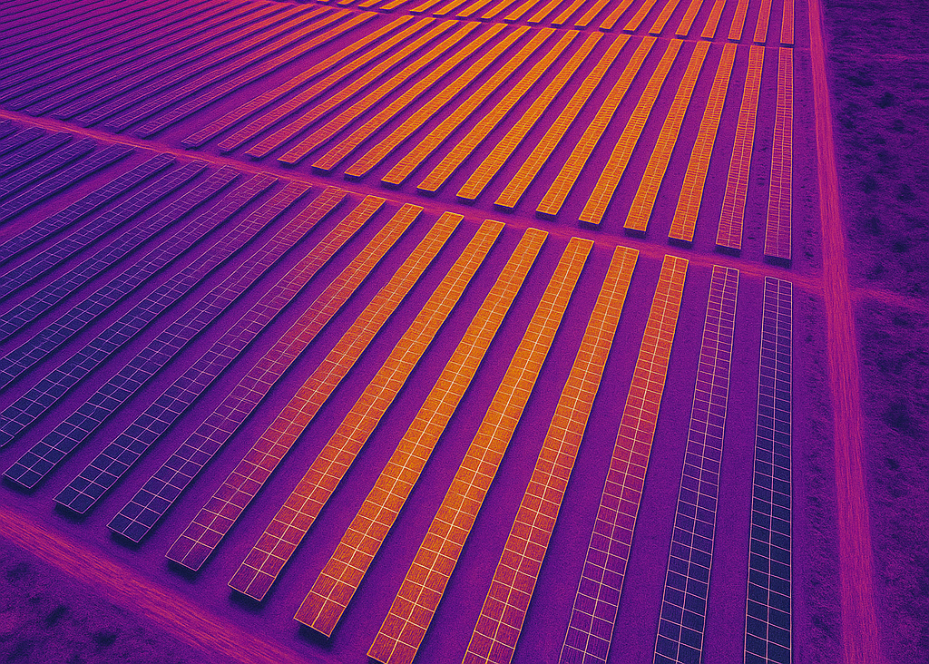 Aerial thermal view of solar farm